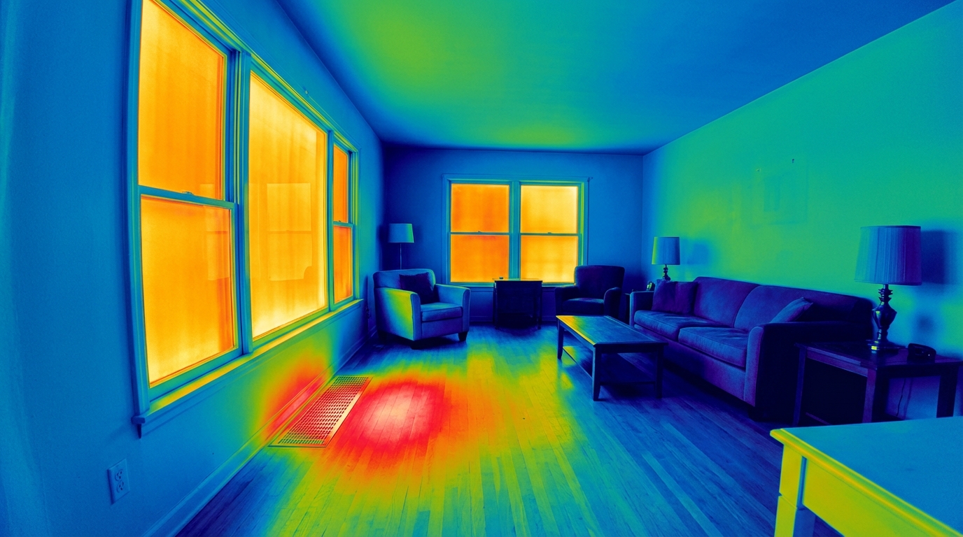 Thermal imaging scan of residential property interior showing energy efficiency patterns